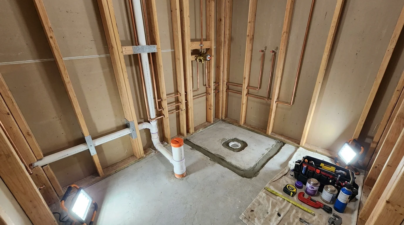 Bathroom rough-in plumbing during remodel by Johns Plumbing LLC in Schwenksville