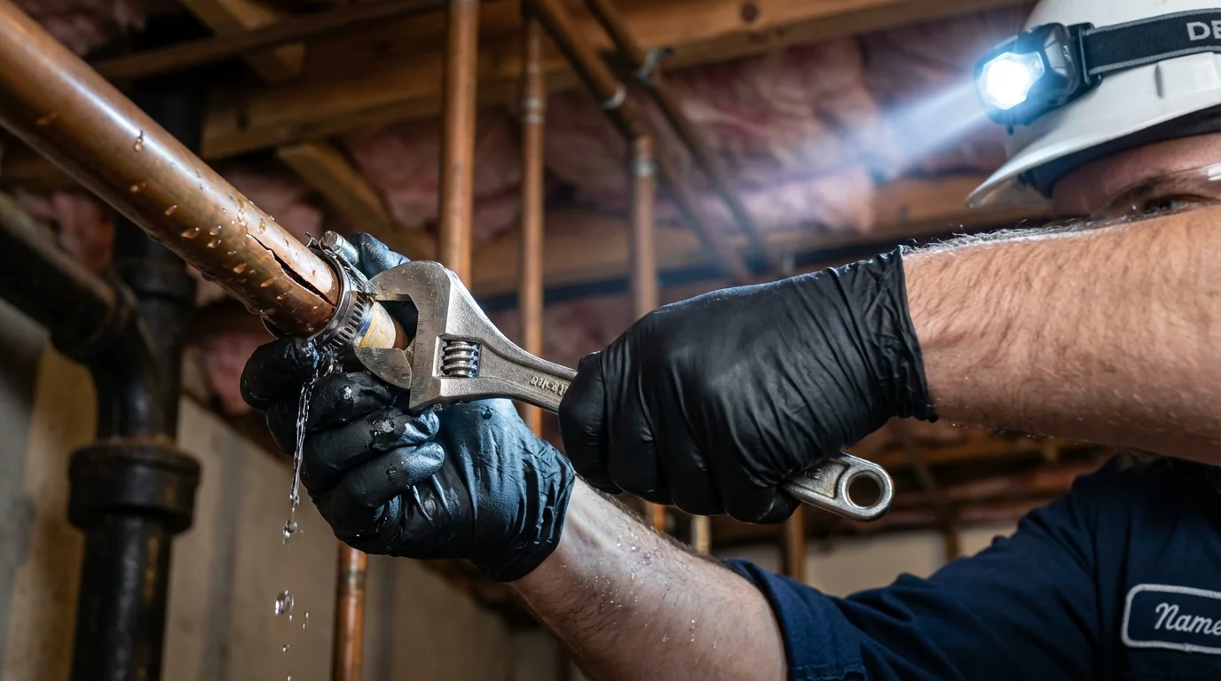 Emergency pipe clamp repair being performed by a Johns Plumbing LLC plumber in Schwenksville