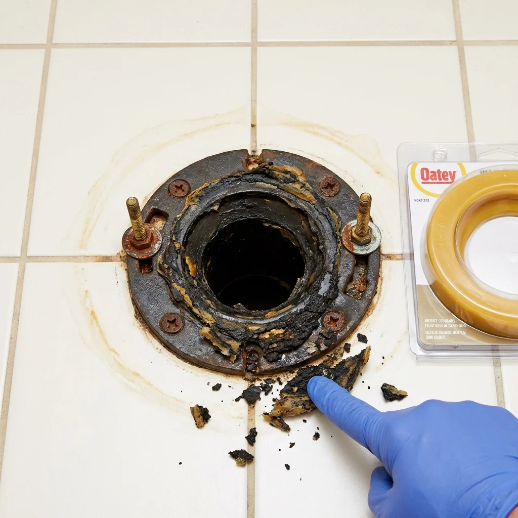 Failed wax ring showing water seepage at the base of a toilet in a Schwenksville, PA home