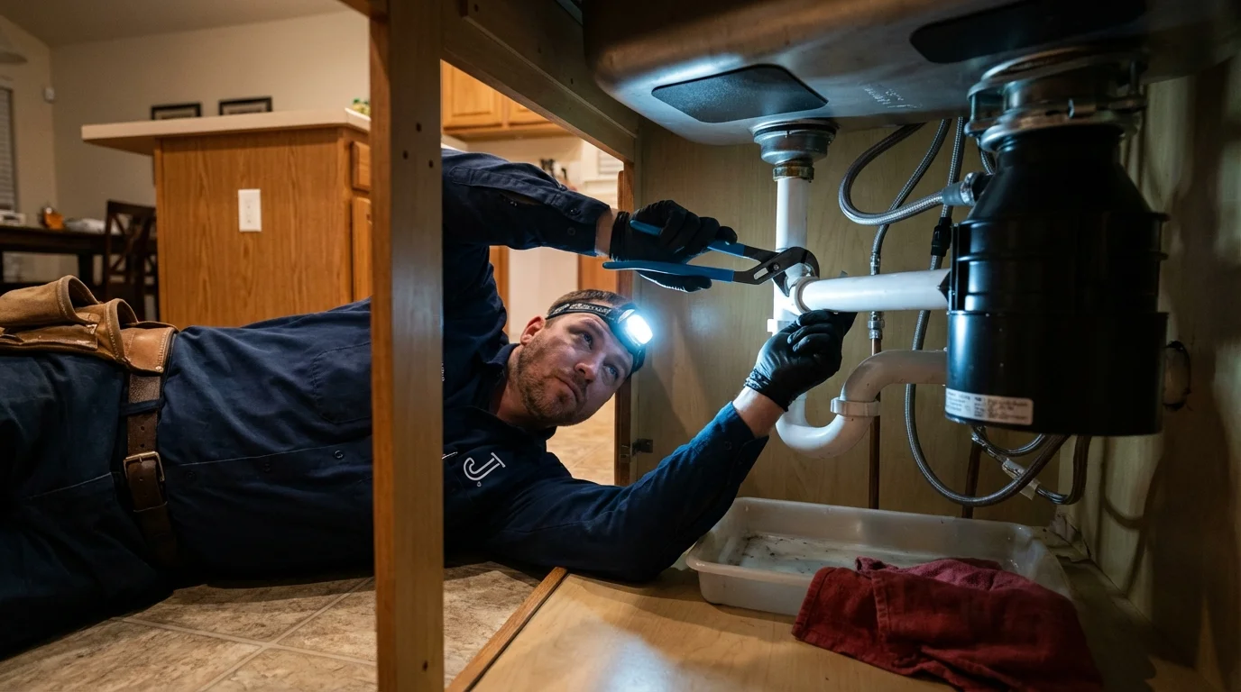 P-trap and supply line connections under a kitchen sink showing a common leak point in Schwenksville, PA